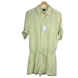 NEW Victoria's Secret 100% Linen Light Yellow/Green Tie Waist Smocked Romper‎ 10